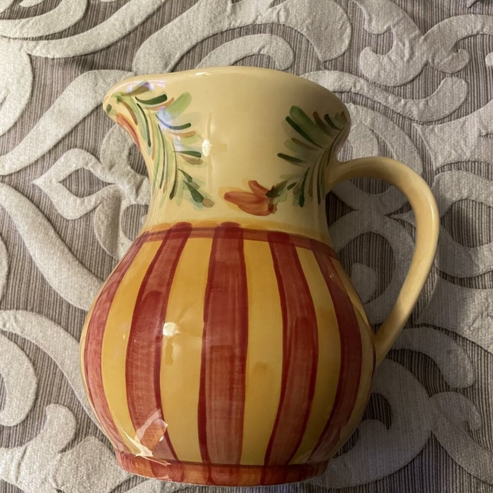Gail Pittman Sienna Large Pitcher Floral Stripe Yellow Red Ceramic Never Used